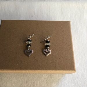 Sterling Silver Heart Drop Earrings with black beads, pre-owned